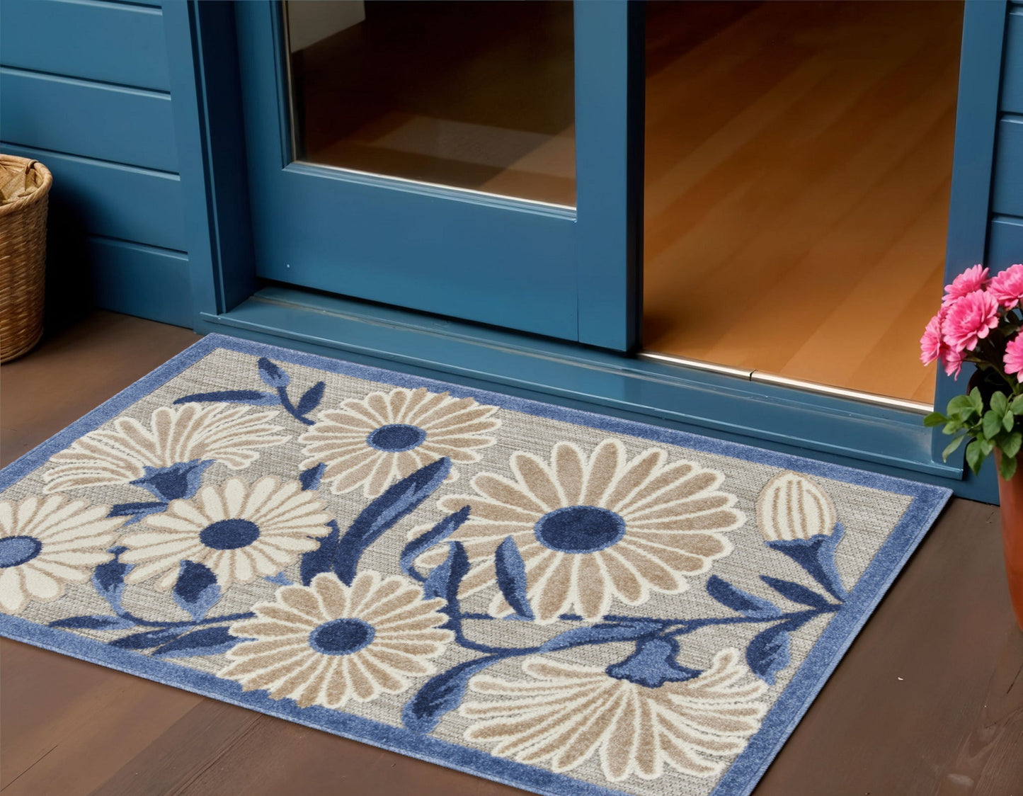 3' X 4' Blue and Gray Floral Indoor Outdoor Area Rug-1