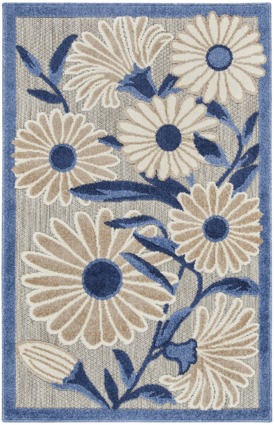 3' X 4' Blue and Gray Floral Indoor Outdoor Area Rug-0