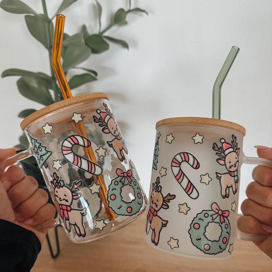 Cutesy Christmas Reindeer Glass Can Cup and Mugs