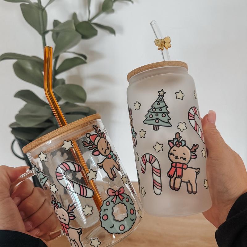 Cutesy Christmas Reindeer Glass Can Cup and Mugs