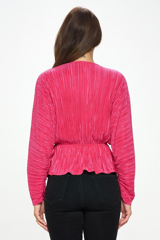 Plisse V neck Top with Balloon Dolman Sleeve-3